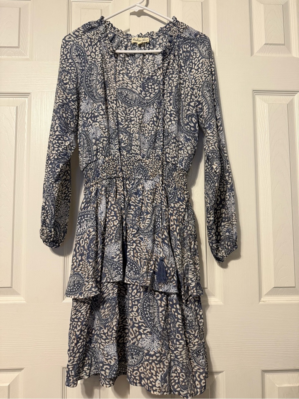 Indigo Rose Blue Paisley Tiered Mini Dress with Smocked Waist